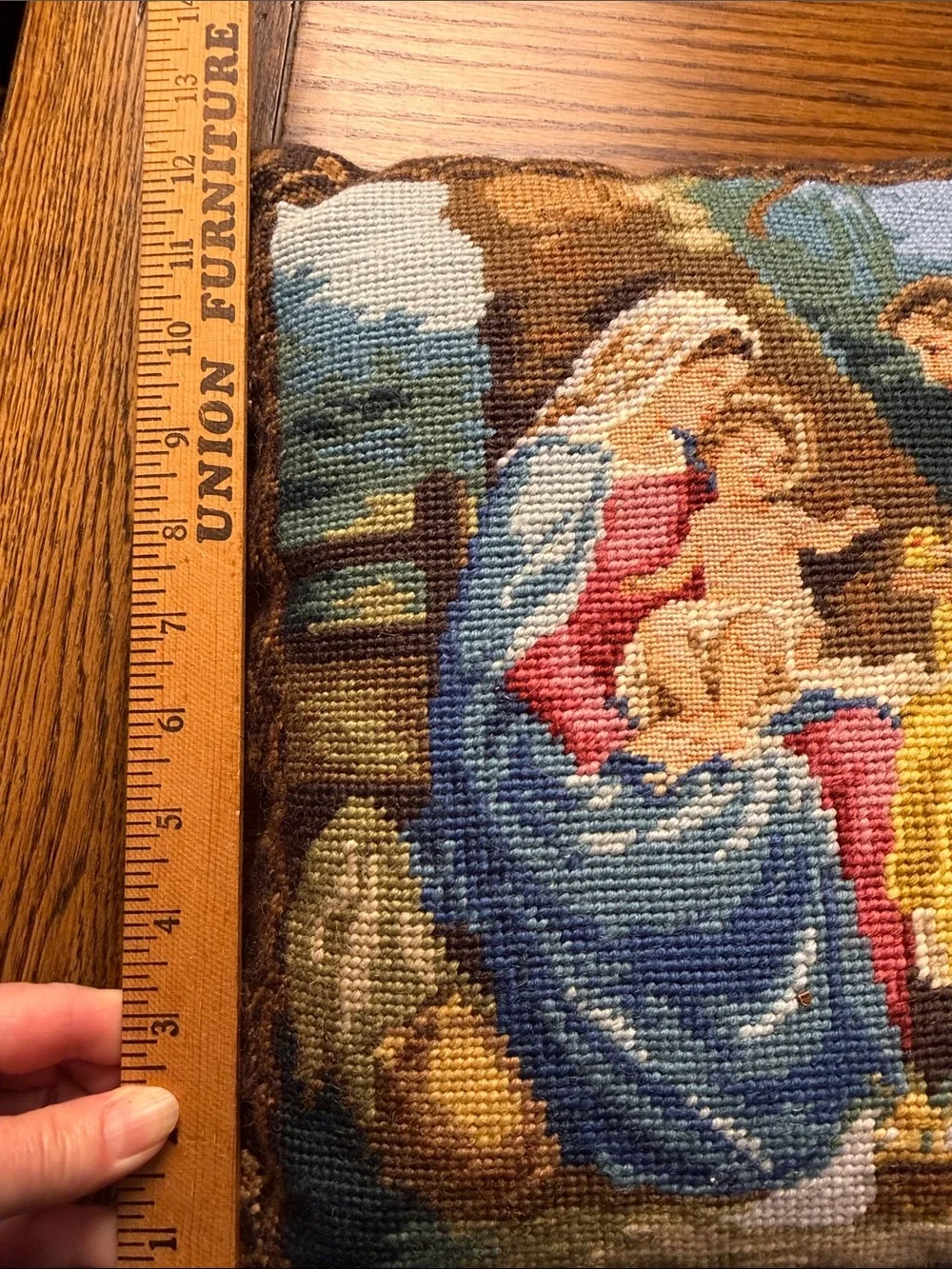 Vintage Christmas Needlepoint Pillow Wool Family Scene Peking Handicraft